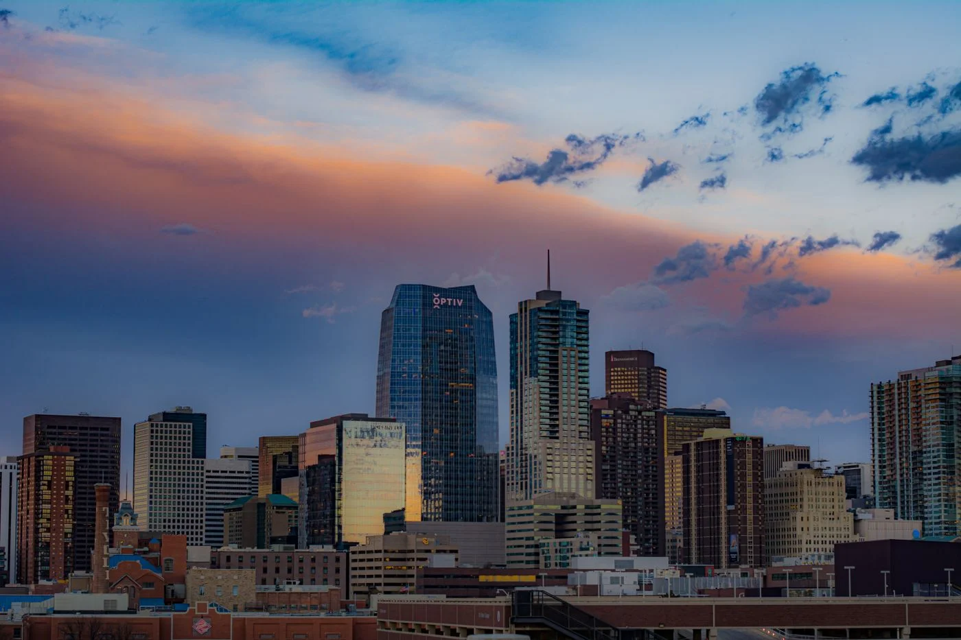 Downtown Denver skyline at sunset