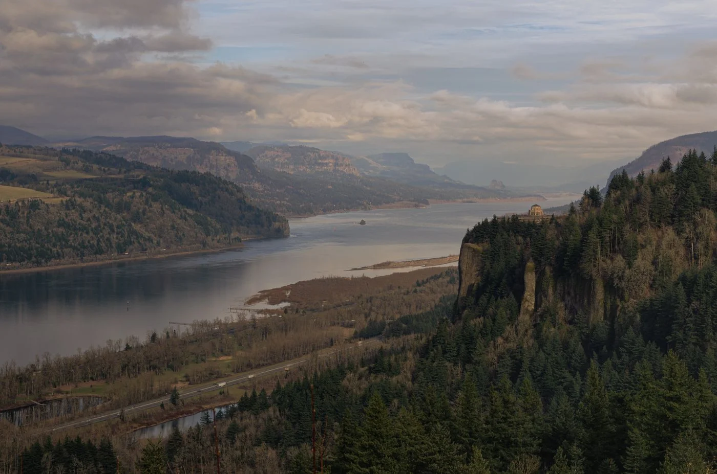 Columbia River Gorge and forested hills